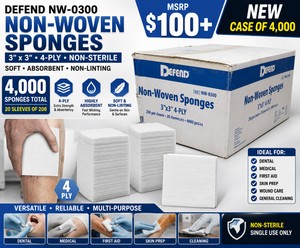 MSRP $100 NEW DEFEND NW-0300 CASE OF 4,000 NON-STERILE 3 X 3 4-PLY NON-WOVEN SPONGES, 20 SLEEVES OF 200, SOFT ABSORBENT NON-LINTING PADS FOR DENTAL, MEDICAL, FIRST AID, SKIN PREP &amp GENERAL CLEANING - BOX HAS WEAR FROM STACKING...