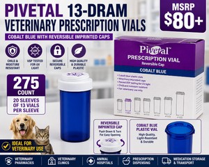 MSRP $80 NEW PIVETAL 13-DRAM COBALT BLUE VETERINARY PRESCRIPTION VIALS WITH REVERSIBLE IMPRINTED CAPS, 275 COUNT, CHILD &amp MOISTURE RESISTANT, USP TESTED FOR UV LIGHT, VETERINARY PHARMACY &amp CLINIC DISPENSING, CASE HAS WEAR - NO DAMAGE TO BOTTLES
