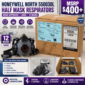 MSRP $400+ NEW CASE 12 HONEYWELL NORTH 550030L LARGE HALF-MASK RESPIRATORS, NIOSH-APPROVED REUSABLE RESPIRATORY PROTECTION, FITS P100 &amp; GAS/VAPOR CARTRIDGES, FOR PAINTING, WELDING, INDUSTRIAL &amp; CONSTRUCTION USE&nbsp;*NEW Filters sold in lot #78
