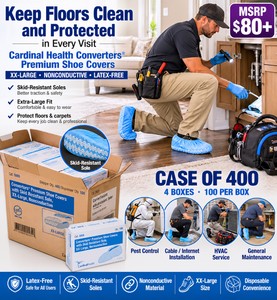 MSRP $80 NEW OPEN BOX CASE OF 400 CARDINAL HEALTH CONVERTORS PREMIUM XX-LARGE SHOE COVERS, 4 DISPENSER BOXES OF 100, SKID-RESISTANT SOLES, NONCONDUCTIVE, LATEX-FREE, NON-STERILE DISPOSABLE FOOTWEAR FOR MEDICAL, LAB &amp INDUSTRIAL USE