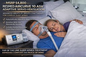 MSRP $4,800 RESMED AIRCURVE 10 ASV ADAPTIVE SERVO-VENTILATION CPAP MACHINE ADVANCED BREATH-BY-BREATH SLEEP THERAPY SYSTEM FOR COMPLEX SLEEP APNEA, COLOR DISPLAY, HEATED HUMIDIFIER WCARRY BAG, POWER SUPPLY, NOSE MASK &amp HOSE LIKE NEW CONDITION
