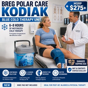 MSRP $275 NEW BREG POLAR CARE KODIAK BLUE COLD THERAPY SYSTEM, COMPACT MOTORIZED ICE-WATER UNIT PROVIDES 68 HOURS OF COLD THERAPY FOR POST-OP, PHYSICAL THERAPY &amp INJURY RECOVERY, DAMAGED BOX THOUGH UNIT IS FINE &amp INCLUDES ALL PIECES