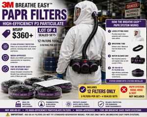 MSRP $360 NEW LOT OF 4 SEALED 3M BREATHE EASY HIGH-EFFICIENCY P3 PARTICULATE FILTER SETS, 3 FILTERS EACH (12 TOTAL), NIOSH-APPROVED, REF 450-00-01, FOR 3M BREATHE EASY PAPR SYSTEMS, INDUSTRIAL &amp OCCUPATIONAL RESPIRATORY PROTECTION