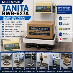 MSRP $750+ TANITA BWB-627A CLASS III PROFESSIONAL DIGITAL MEDICAL PLATFORM SCALE, 600 LB/270 KG CAPACITY WITH 0.2 LB PRECISION, REMOTE KG/LB DISPLAY, TARE & PRESET TARE, LEVELING FEET & BUBBLE LEVEL FOR CLINICS, HOSPITALS, GYMS, WEIGHT MANAGEMENT & LABS