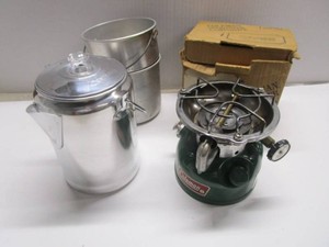 Coleman Camp Stove, Coffee Pot, Pans