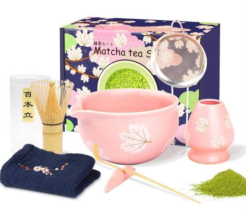 Matcha Set 8-Piece Ceramic Bowl & Bamboo Whisk Kit with Sifter & Tea Towel - Brand New