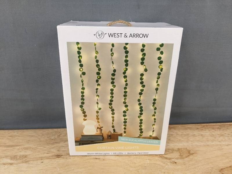 West & Arrow Eucalyptus Curtain Vine Lights - 66 LEDs, 6 Strands, Battery-Operated - Brand New