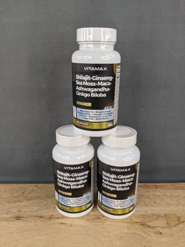 VITAMAX Shilajit & Ginseng & Sea Moss & Ashwagandha & Ginkgo Biloba, 3 Total, 180 Capsules - Brand New