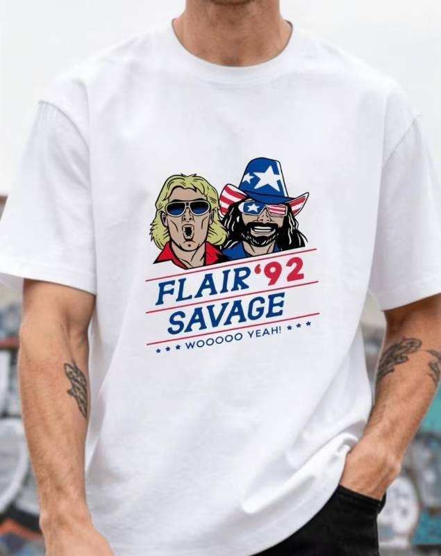 Ric Flair & Randy Macho Man Savage 1992 Presidential Woooo Yeah WWF Wrestling T-Shirt, Mens Large - New