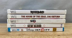 5 Wii &amp Wii U Video Games - Rock Band, House of the Dead, Lets Sing, Trauma Center, and Disney Infinity&nbspC