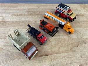 Tonka Farm Truck and Front Loader Truck, Hot Wheels Orange Tanker Truck, Road Rippers Ambulance Truck, &amp Red Towing Truck Toy Vehicles C