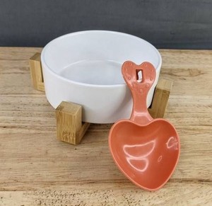 Ceramic Elevated Pet Bowl 5, White, with Wooden Stand & Food Scoop - Brand New