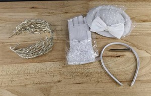 Rhinestone Tiara Headband, Lace Gloves & Fascinator-Style Hat with Netting, White - Brand New