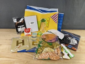 Birthday Party Decorations with 3 x 5 Sign, Blue and Yellow, Baloons, Garland, Ribbon & Invitations - Brand New