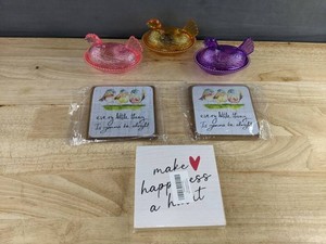 Hens on Nests Plastic Candy Dishes, Pink Purple Orange, 3 Total & Inspirational Wooden Signs, 3 Total - Brand New
