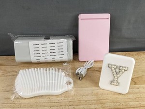 Travel Dispenser, Aganmi Stuff White Pearl Compact Initial Y Mirror, LED Rechargeable Pink Compact Mirror, iTok Gok White Silicone Body Scrubber - Brand New