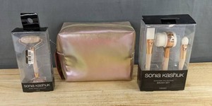 Sonia Kashuk Metallic Pink Makeup Bag, Rose Quartz Roller &amp Skincare Collection Brush Set - Brand New&nbspB
