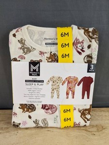 Members Mark Organic Cotton Sleep & Play One-Piece with Footies, Size 6M, 3 Pack - Brand New