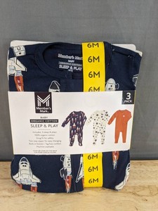 Members Mark Baby Organic Cotton Sleep & Play One-Piece with Footies, Size 6M, 3 Pack - Brand New