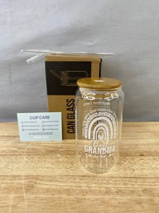 Best Grandma Can Glass, Bamboo Lid, 2 Glass Straws & Cleaning Brush - Brand New