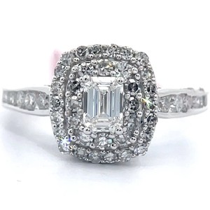 1 Carat Diamond Emerald Cut & Concentric Halo Ring in 14k White Gold VIDEO