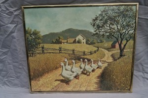 FRAMED PRINT OF GEESE , WALKING DOWN THE ROAD