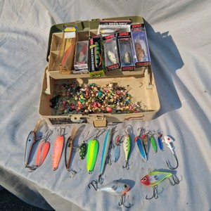 LOADED TACKLE BOX WITH RAPALA, SWEEDISH PIMPLE, STORM, AND MUCH MORE