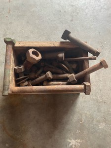WOODEN BOX FULL OF LARGE BOLTS