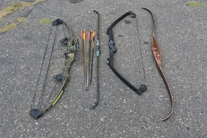 BEAR COMPOUND, BEN PEARSON RECURVE, ASTRO DACO BLAZER COMPOUND, TAPED RECURVE BOWS WITH HAND ALUMINUM ARROWS.