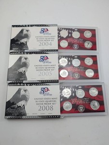 United States Mint 50 State Quarters Silver Proof Sets 2004 2005 2008 (Lot of 3)