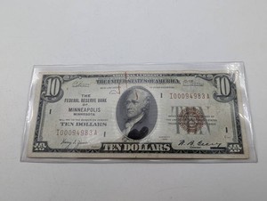 Vintage 1929 Minneapolis Federal Reserve Bank $10 Note