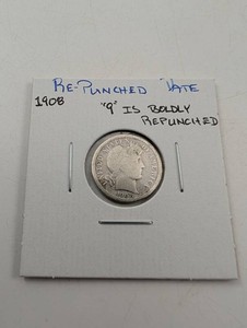 1908 Barber Dime Repunched Date Variety
