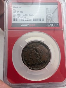 1844 Large Cent N-3 MS 63 BN NGC VaultBox Apex 2026