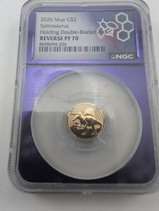2026 2g 22kt Gold Niue G$2 Spinosaurus Holding Double-Bladed Axe NGC Reverse PF70