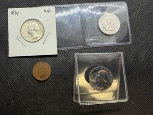 1964 Silver Washington Quarter, 1888 Indian Head Penny, 1966 and 2000 S Washington Quarters
