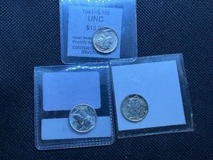 Three 1941 S Silver Mercury Dimes
