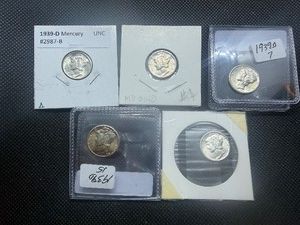 Five 1939 D Silver Mercury Dimes