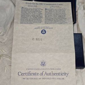 1987 US Coins Silver Dollar 26.7 grams, Gold $5 Coin8.35 grams
