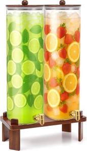 $180 FillTouch 2 Pack 5 Gallon Glass Drink Dispenser with Acacia Wood Stand and Lid, Large Glass Beverage Dispenser with Spigot Perfect for Juice, Tea, Sangria, Lemonade, Weddings, Party, Outdoor Events