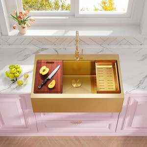 $230 Rhbamoa 30 Inch Gold Farmhouse Sink,Gold Apron Front Farm Sink Single Bowl 30x22,16 Gauge Stainless Steel Drop In Farmhouse Sinks, 10 Inch Depth Farm Sinks with All Accessories