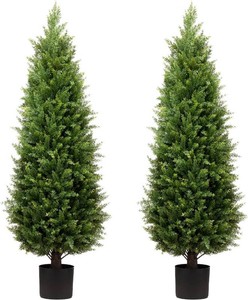 $140 4ft Artificial Cedar Trees Artificial Topiary Trees Set of 2 Faux Cypress Plants UV Resistant Potted Bushes Faux Shrubs for Outdoor Indoor Front Porch Garden