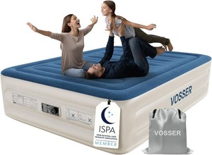 VOSSER Queen Air Mattress with Built-in Pump,18 Raised Blow Up Mattress, Leak-Proof Air Bed with Storage Bag, Flocked Top Inflatable Mattress for Home, Camping & Guests, I-Beam, Colchon Inflable