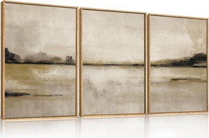 $130 KAIRNE Neutral Abstrcat Landscape Framed Canvas Wall Art Set, Retro Mountain Lake Wall Decor, Vintage Tan Scenery Art Prints, Modern Nature Artwork for Living Room,Bedroom,Farmhouse,Office-24 x36 x3