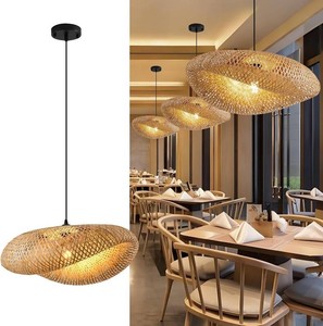 $128 Hand Woven Bamboo Pendant Light,23.62 in Bamboo Rattan Ceiling Hanging Light Hand Woven Wicker Chandelier for Living Room Kitchen Dining Room Farmhouse