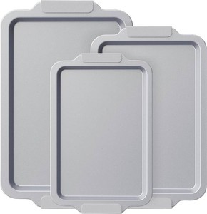 BRONYPRO Non Stick Ceramic Baking Sheet Pan Set of 3, Non Toxic Cookie Sheets (PFOAPTFE Free), Aluminized Steel Oven Trays with Silicone Handles, Rust-Resistant, Warp-Resistant to 500 F, Light Gray