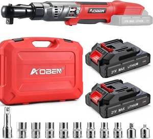 AOBEN 21V 12 Cordless Ratchet Wrench Kit-74 Ft-lbs Brushless Electric Power Ratchet with Variable Speed, 2X2000mAh Lithium-Ion Battery, Charger, 8 Sockets, 14 & 38 Adaptors, 3 Extension Bar