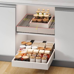 Pull out Cabinet Organizer,Width (11-16) and Depth (17-24) Expandable With 3 Rails,No Drill Adjustable Slide out Drawers for Kitchen,Pantry,Adhesive Roll out Shelves,for Cabinets Without Lip,White