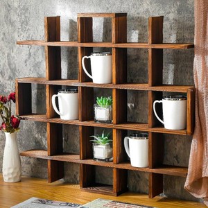 Suzile Oversize Coffee Mug Display Rack Wooden Display Shelves Rustic Wooden Floating Curio Shelf Travel Wall Mounted Coffee Mug Rack Holder Shadow Box Shelf(Grid Size 5.1x5.1x3in,Rustic Brown)