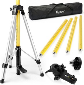 Huepar 12 Ft.3.7M Professional Laser Level Pole with Tripod and 14-Inch by 20-Inch Laser Mount for Rotary and Line Lasers, Adjustable Telescoping Laser Pole with 58-11 Threaded Adapter-LP36A