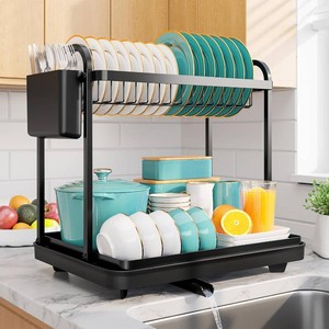 Sakugi 2-Tier Dish Drying Rack - Stainless Steel Dish Rack with Cutlery & Utensil Holders for Kitchen Counter, Sink Organization and Storage for Small Family, 15 W x 11.4 L x 15 H, Black